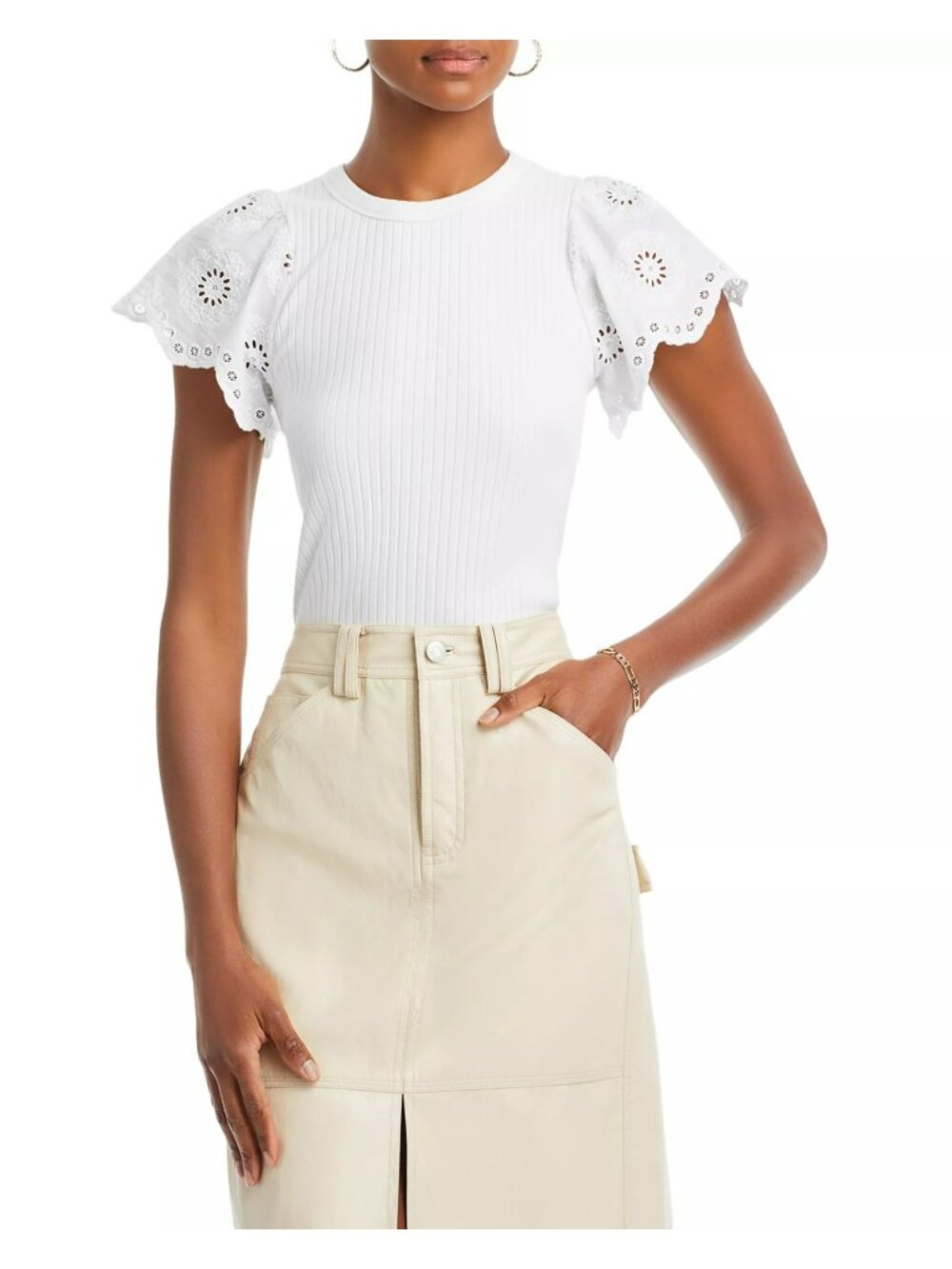 Rails Reza White Ribbed Blouse Eyelet Lace Flutter Sleeve Womens S Girly Western - Picture 3 of 11